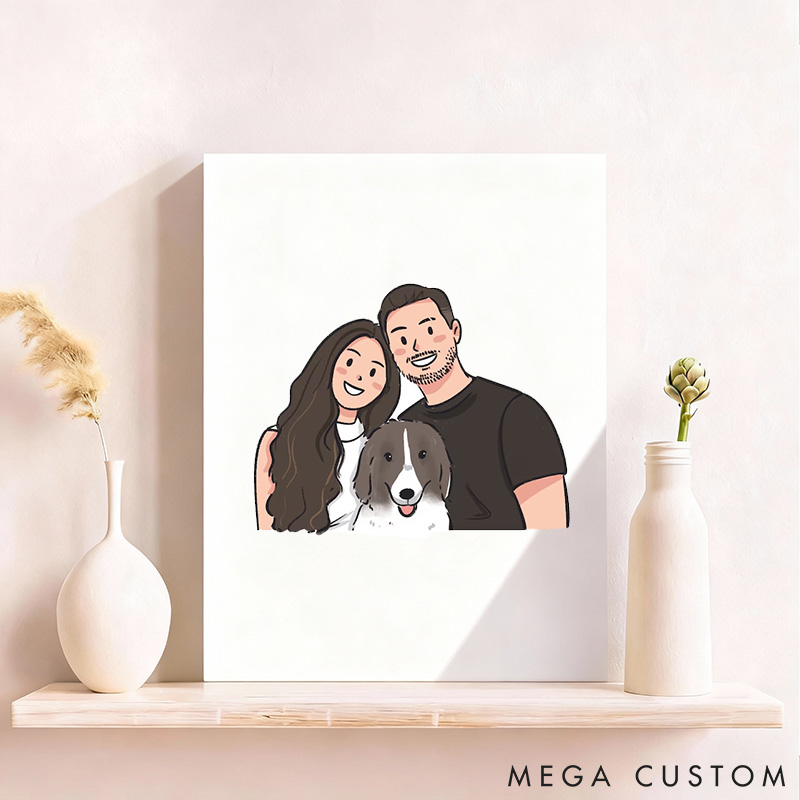 Personalized Pet Lover Hand Drawn Couple Portrait