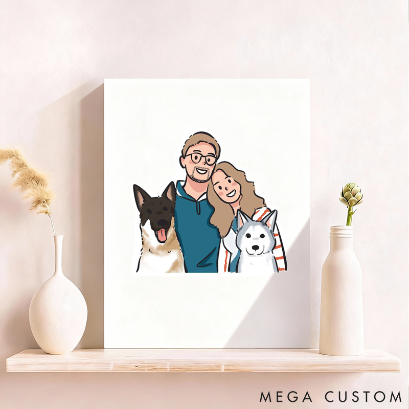 Personalized Pet Lover Hand Drawn Couple Portrait