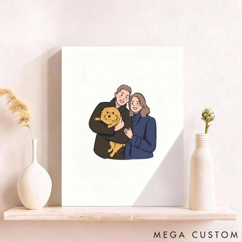 Personalized Pet Lover Hand Drawn Couple Portrait