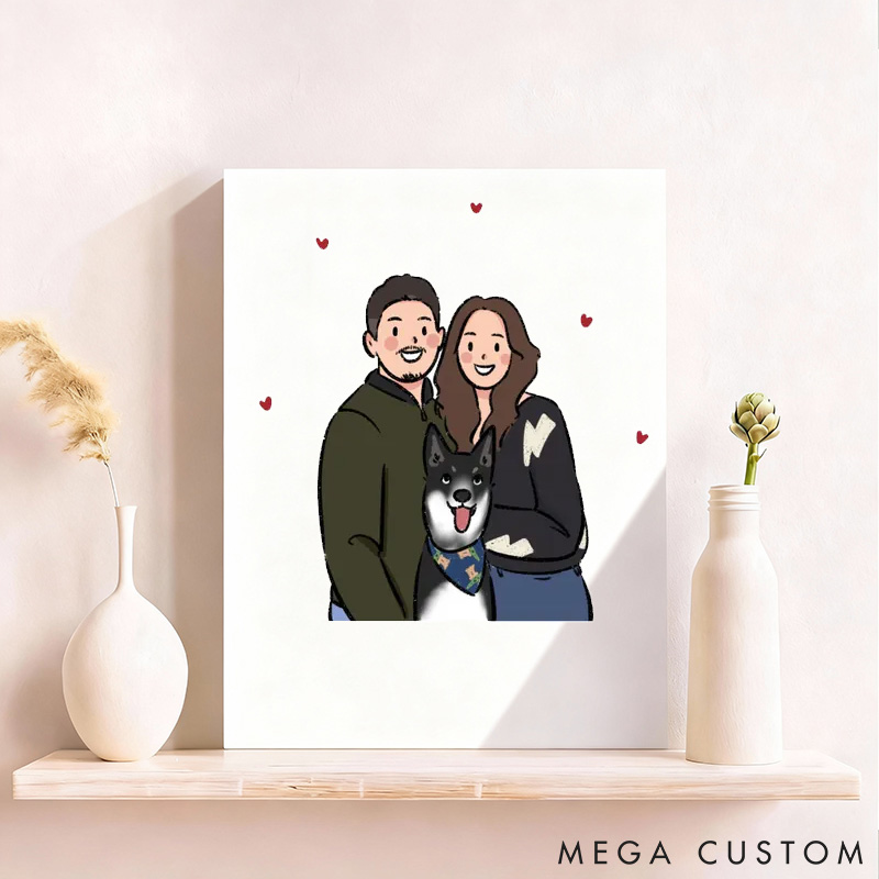 Personalized Pet Lover Hand Drawn Couple Portrait