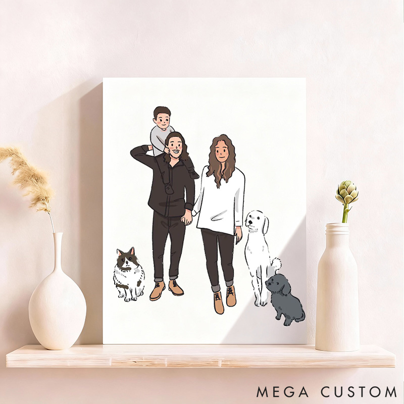Personalized Pet Lover Hand Drawn Couple Portrait