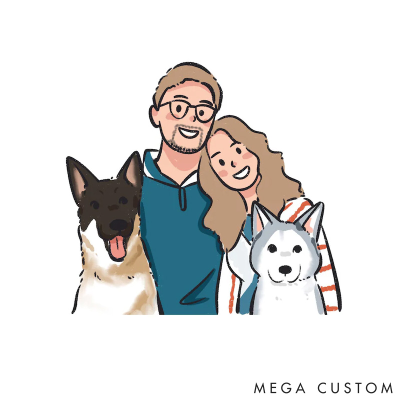 Personalized Pet Lover Hand Drawn Couple Portrait