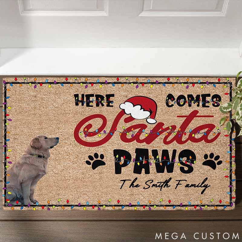 Personalized Pet Lover Here Comes Santa Paws Christmas Pets Doormat
