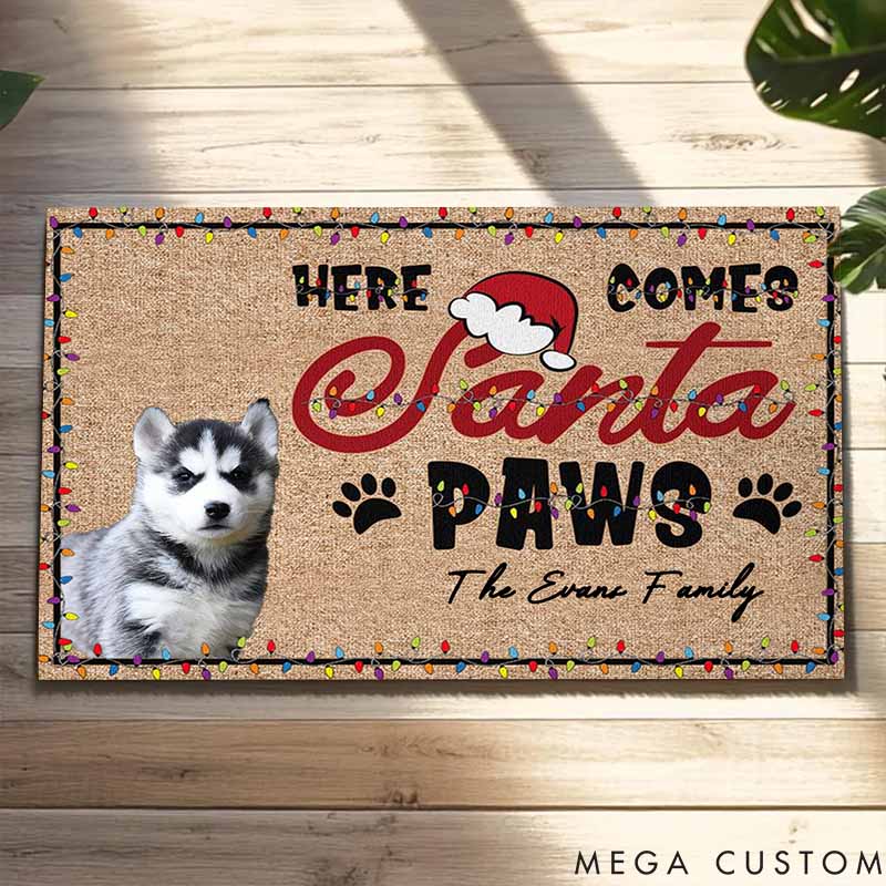 Personalized Pet Lover Here Comes Santa Paws Christmas Pets Doormat