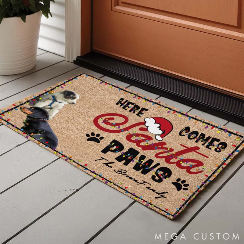 Personalized Pet Lover Here Comes Santa Paws Christmas Pets Doormat