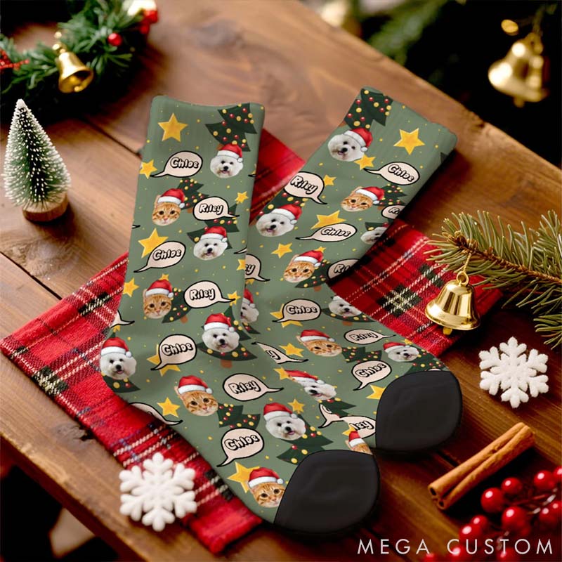 Personalized Pet Lover Multicolor Pet Face Photos Christmas Hat Comfortable Mid-Calf Socks