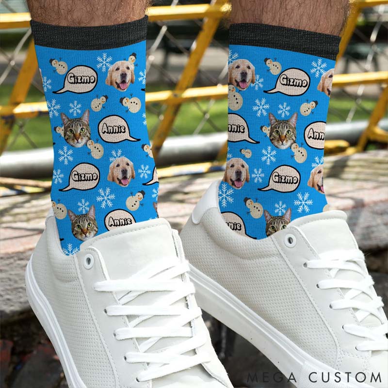 Personalized Pet Lover Multicolor Pet Face Photos Christmas Hat Comfortable Mid-Calf Socks