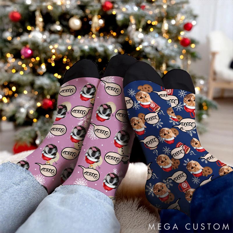 Personalized Pet Lover Multicolor Pet Face Photos Christmas Hat Comfortable Mid-Calf Socks