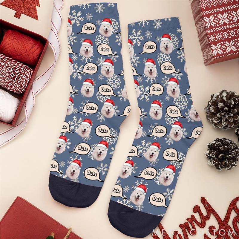 Personalized Pet Lover Multicolor Pet Face Photos Christmas Hat Comfortable Mid-Calf Socks