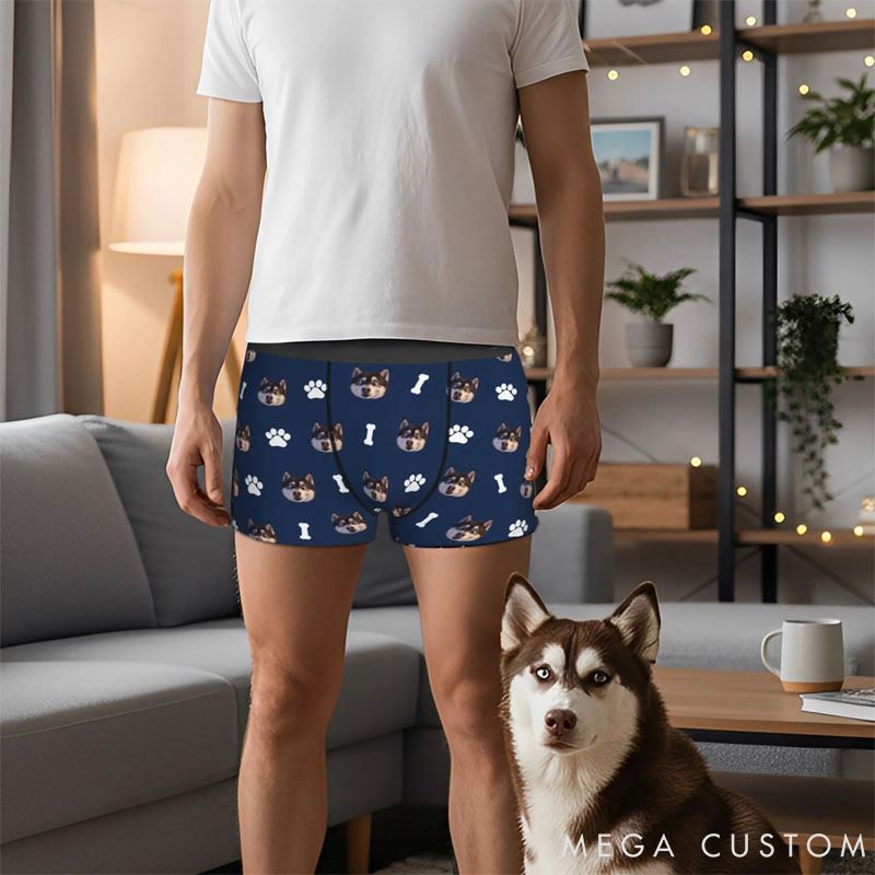 Personalized Pet Lover Paw Bone 3D Cartoon Pet Face Men's Underwear Boxer Brief Valentine's Day Anniversary Birthday Gift