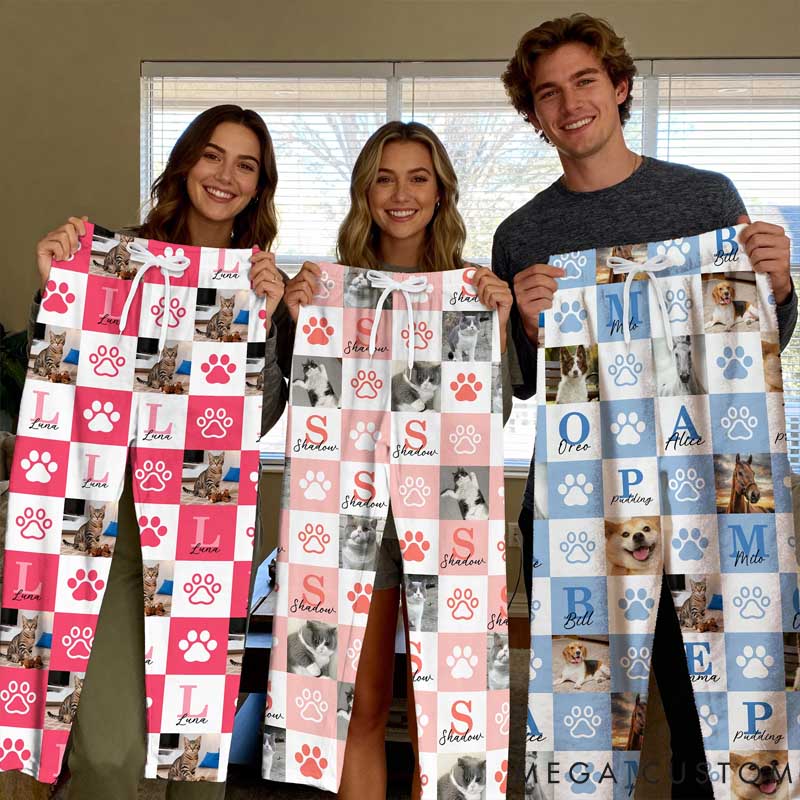 Personalized Pet Lover Paw Print 1-6 Photos Multicolor Plaid Women Men Pajama Pants with Initials and Names