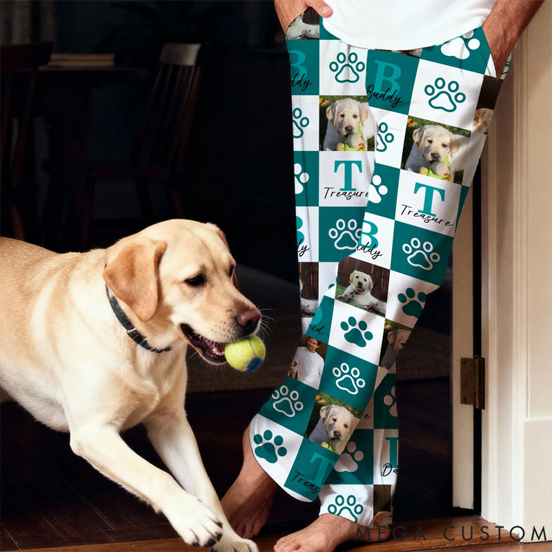 Personalized Pet Lover Paw Print 1-6 Photos Multicolor Plaid Women Men Pajama Pants with Initials and Names