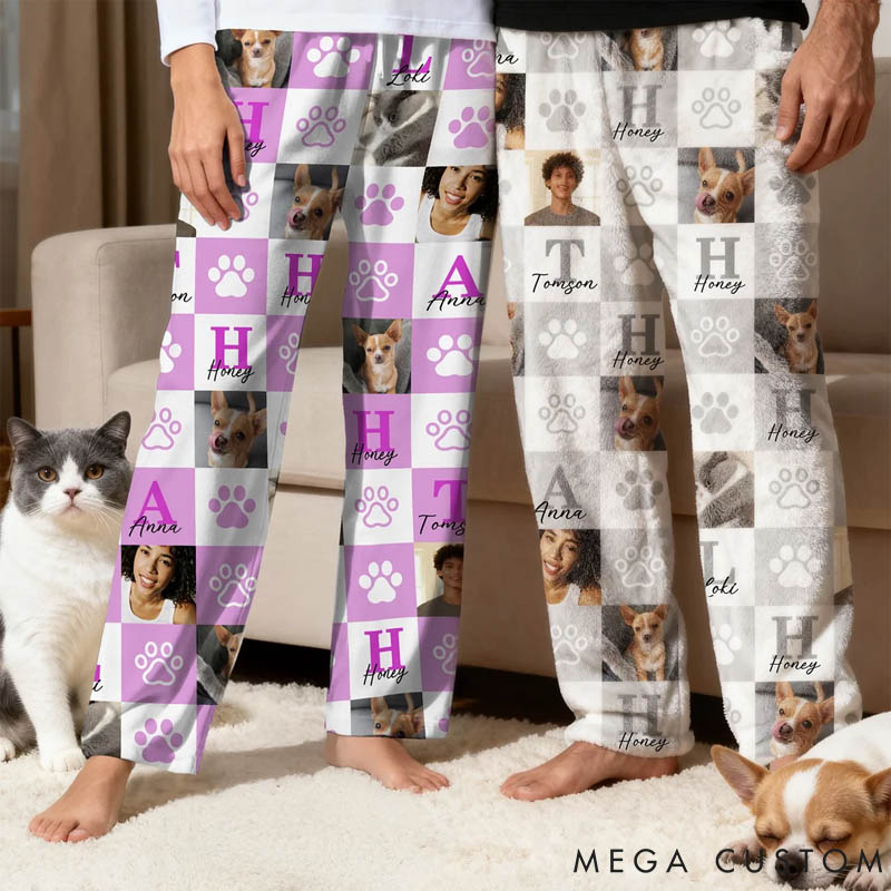Personalized Pet Lover Paw Print 1-6 Photos Multicolor Plaid Women Men Pajama Pants with Initials and Names