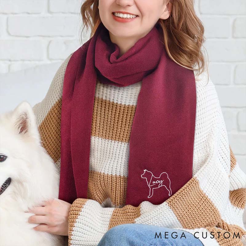 Personalized Pet Lover Pet Dog Cat Silhouette Super Soft Warm Scarf Shawl with Embroidered Name Birthday Gift for Couple