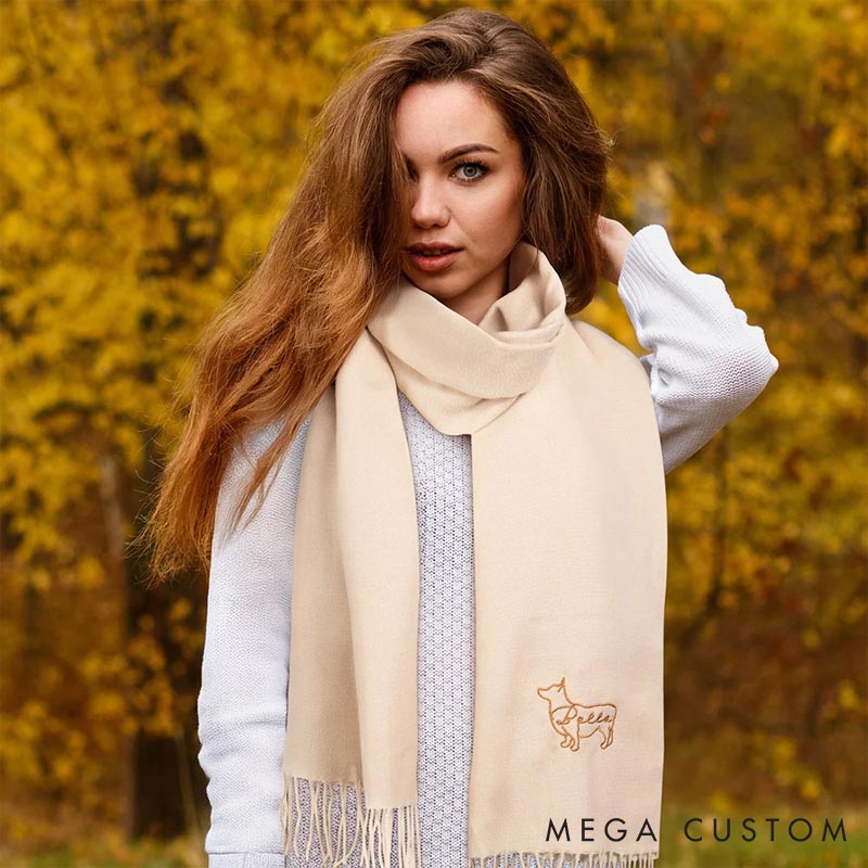 Personalized Pet Lover Pet Dog Cat Silhouette Super Soft Warm Scarf Shawl with Embroidered Name Birthday Gift for Couple