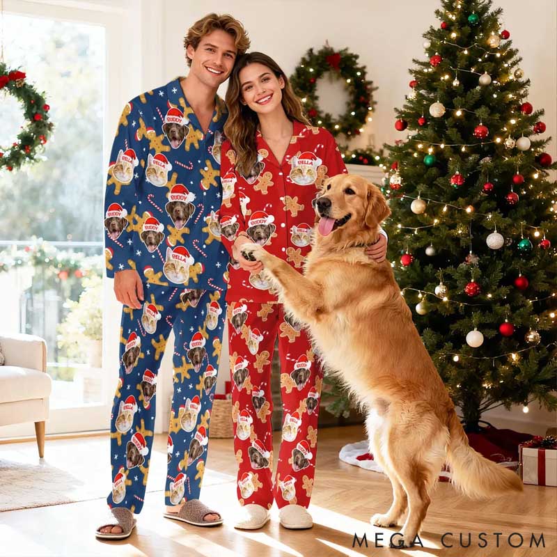 Personalized Pet Lover Pet Photo Gingerbread Man Candy Christmas Tree Christmas Pajama Set