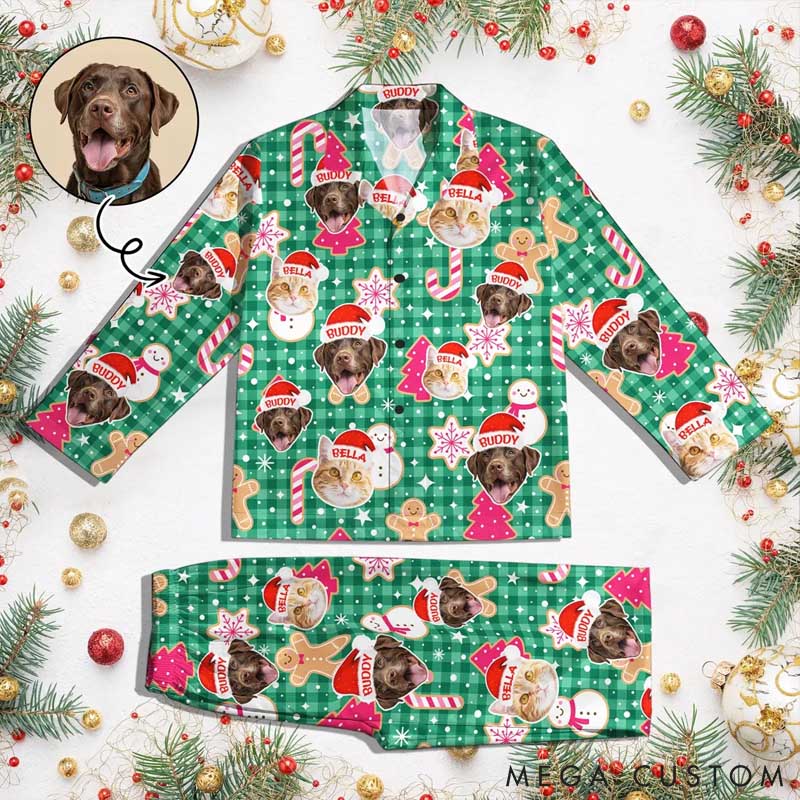 Personalized Pet Lover Pet Photo Gingerbread Man Candy Christmas Tree Christmas Pajama Set