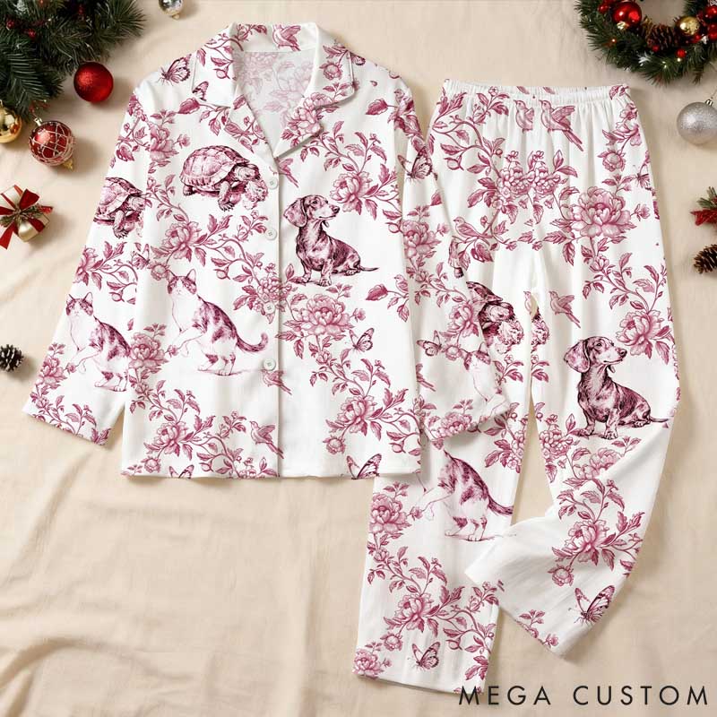 Personalized Pet Lover Pet Photo Toile De Jouy Foral Long Sleeve Ladies Pajamas Set Daily Use Pet Party Birthday Gift