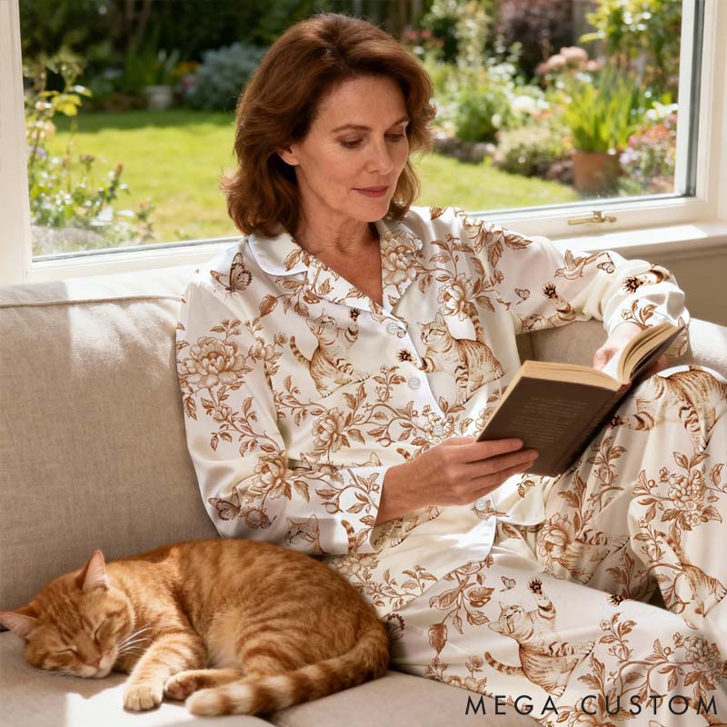 Personalized Pet Lover Pet Photo Toile De Jouy Foral Long Sleeve Ladies Pajamas Set Daily Use Pet Party Birthday Gift