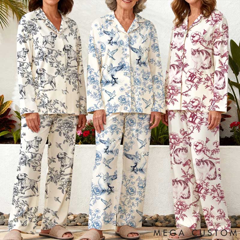 Personalized Pet Lover Pet Photo Toile De Jouy Foral Long Sleeve Ladies Pajamas Set Daily Use Pet Party Birthday Gift