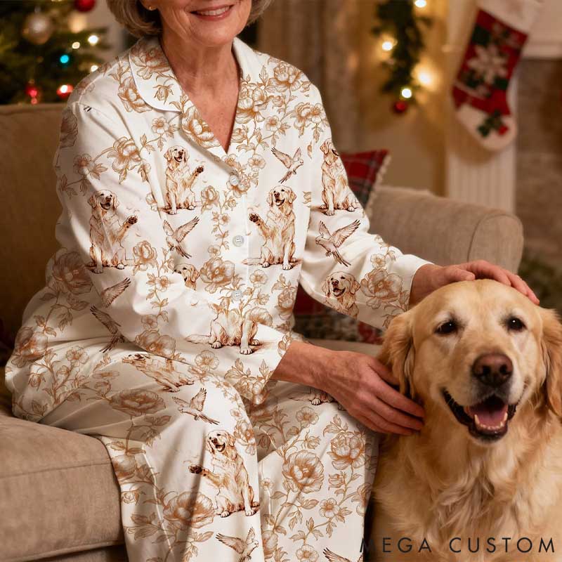 Personalized Pet Lover Pet Photo Toile De Jouy Foral Long Sleeve Ladies Pajamas Set Daily Use Pet Party Birthday Gift