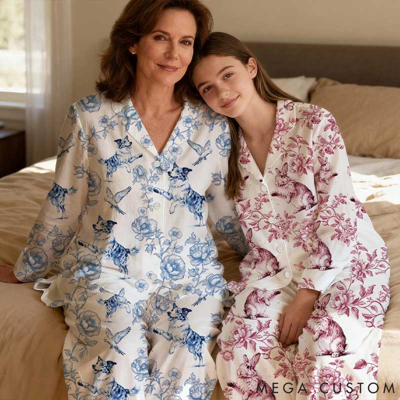 Personalized Pet Lover Pet Photo Toile De Jouy Foral Long Sleeve Ladies Pajamas Set Daily Use Pet Party Birthday Gift