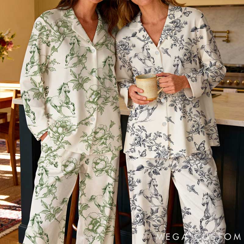 Personalized Pet Lover Pet Photo Toile De Jouy Foral Long Sleeve Ladies Pajamas Set Daily Use Pet Party Birthday Gift