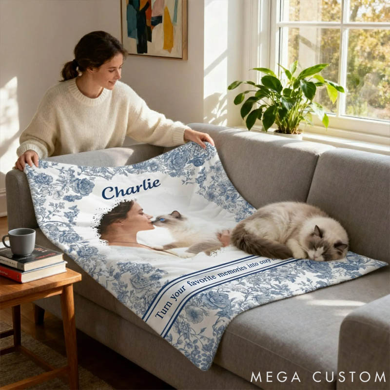 Personalized Pet Lover Pet Photo Toile De Jouy Soft Pet Blanket with Name and Text
