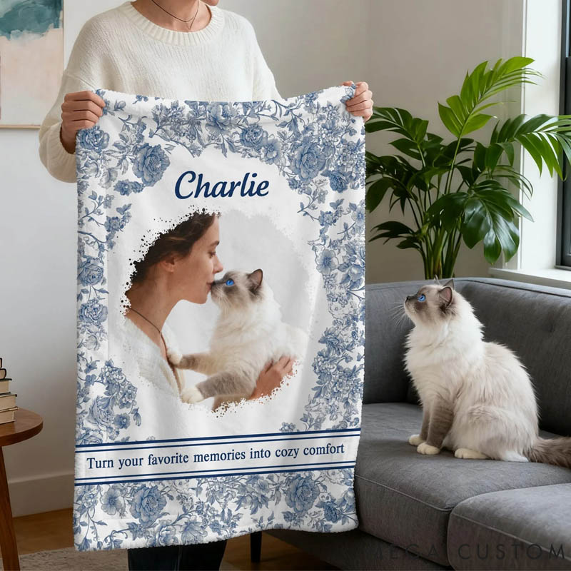 Personalized Pet Lover Pet Photo Toile De Jouy Soft Pet Blanket with Name and Text