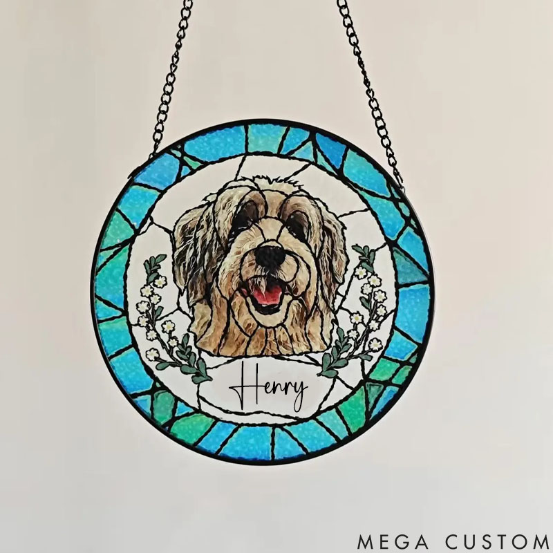 Personalized Pet Lover Pet Portrait Stained Glass Flower Sun Catcher