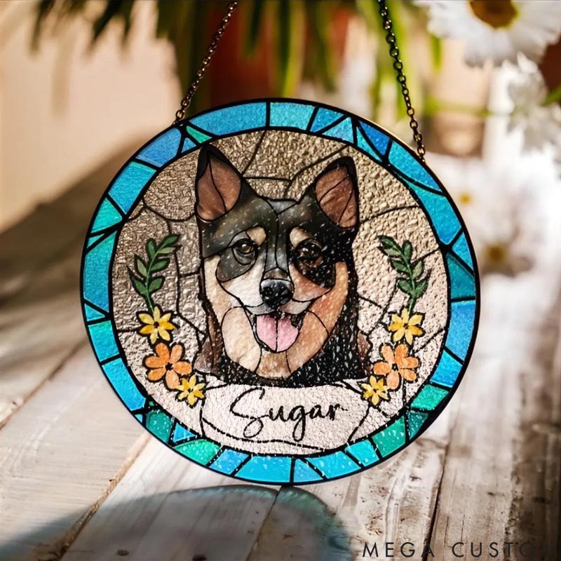 Personalized Pet Lover Pet Portrait Stained Glass Flower Sun Catcher
