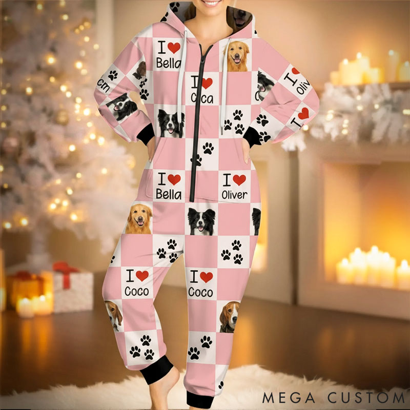 Personalized Pet Lover Photo Cute Paw Checkerboard Print Adult Onesie