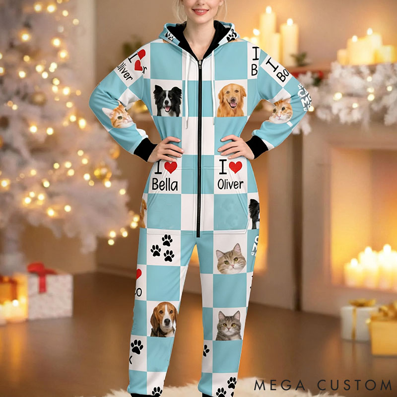 Personalized Pet Lover Photo Cute Paw Checkerboard Print Adult Onesie
