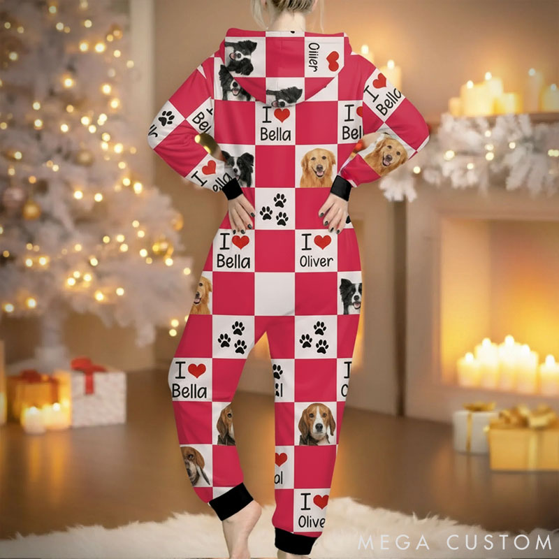 Personalized Pet Lover Photo Cute Paw Checkerboard Print Adult Onesie