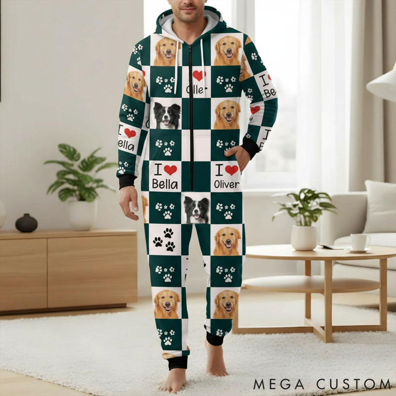 Personalized Pet Lover Photo Cute Paw Checkerboard Print Adult Onesie