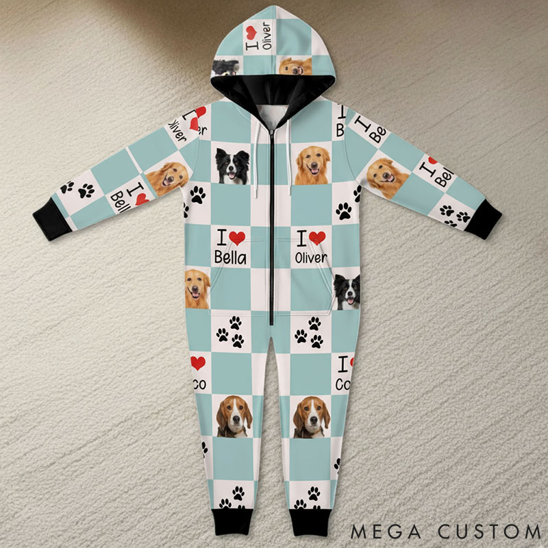 Personalized Pet Lover Photo Cute Paw Checkerboard Print Adult Onesie