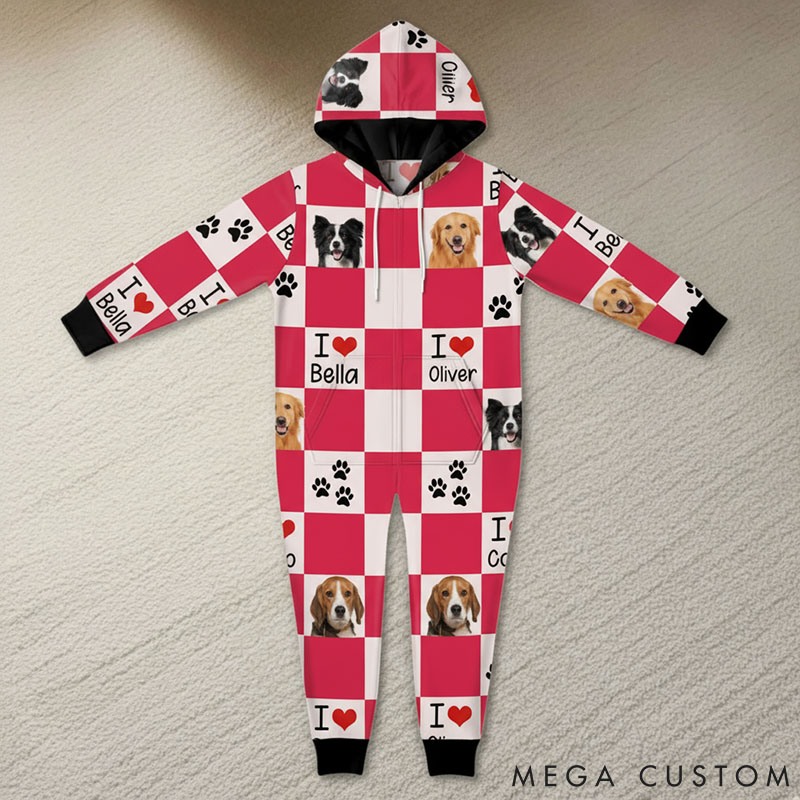 Personalized Pet Lover Photo Cute Paw Checkerboard Print Adult Onesie