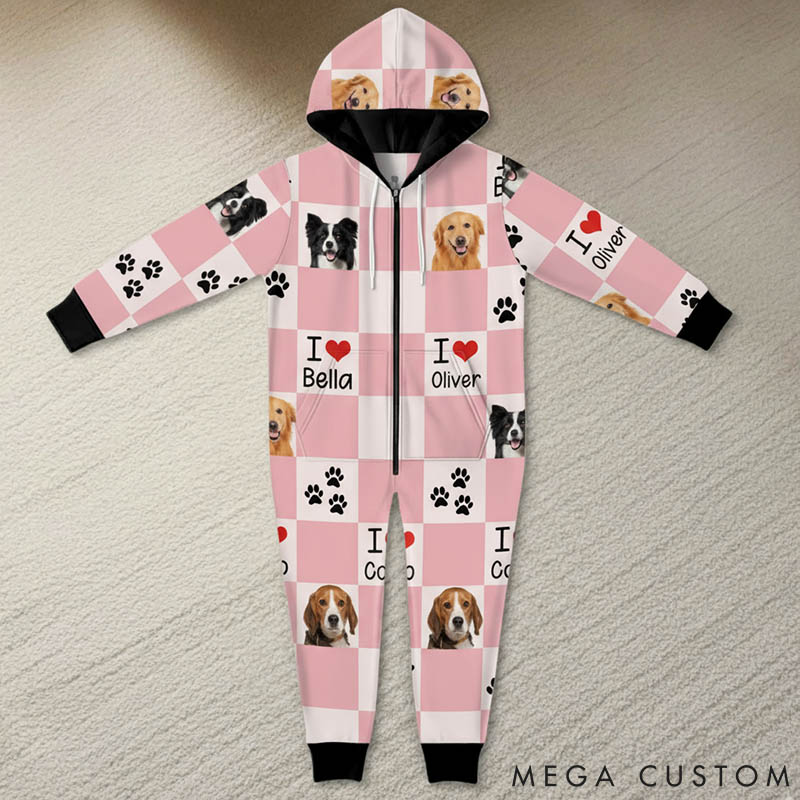 Personalized Pet Lover Photo Cute Paw Checkerboard Print Adult Onesie