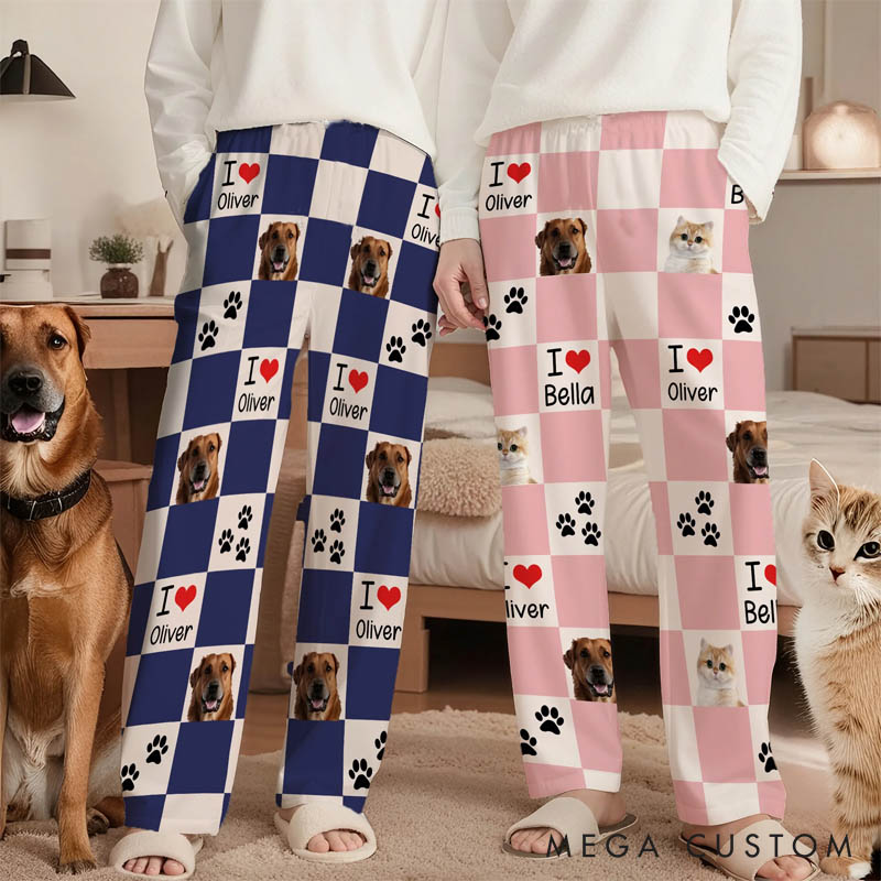 Personalized Pet Lover Photo Cute Paw Checkerboard Print  Pajama Pants