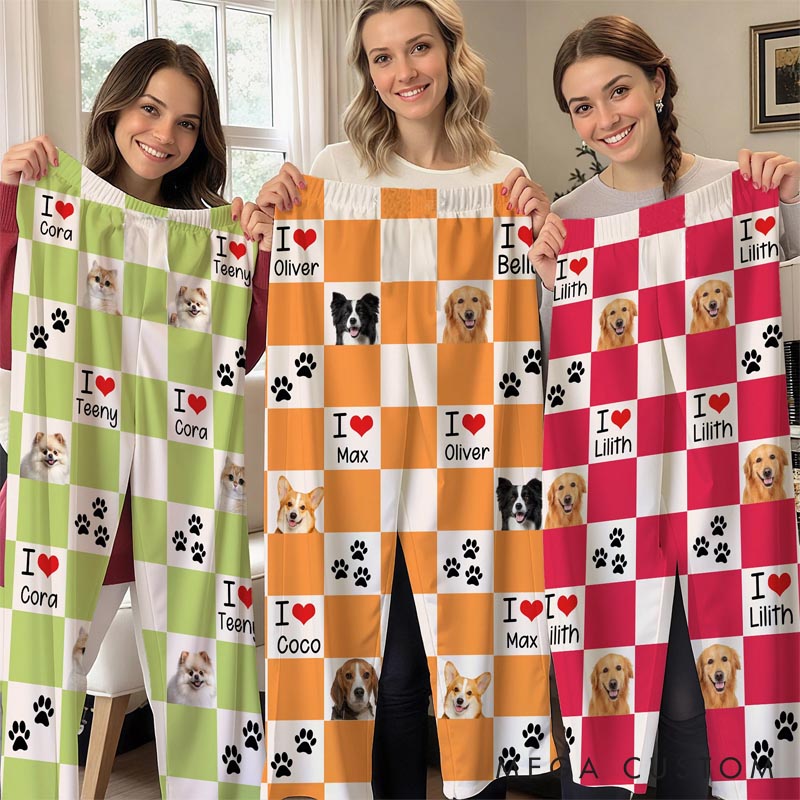 Personalized Pet Lover Photo Cute Paw Checkerboard Print  Pajama Pants