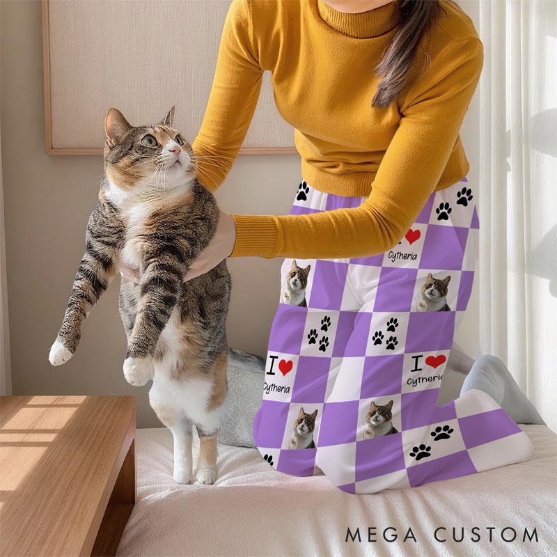Personalized Pet Lover Photo Cute Paw Checkerboard Print  Pajama Pants