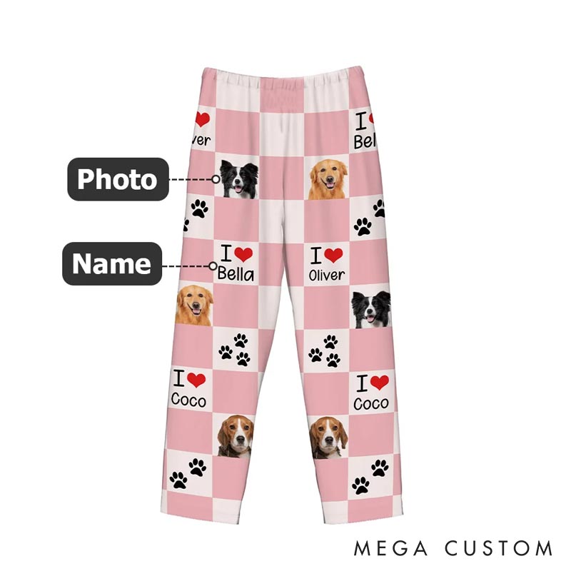Personalized Pet Lover Photo Cute Paw Checkerboard Print  Pajama Pants
