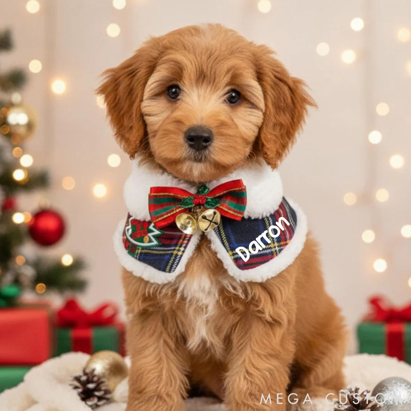 Personalized Pet Lover Plaid Dog Scarf with Faux Fur Collar Christmas Pet Cape Winter Cat Outfit