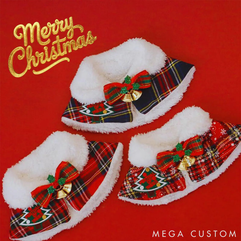 Personalized Pet Lover Plaid Dog Scarf with Faux Fur Collar Christmas Pet Cape Winter Cat Outfit