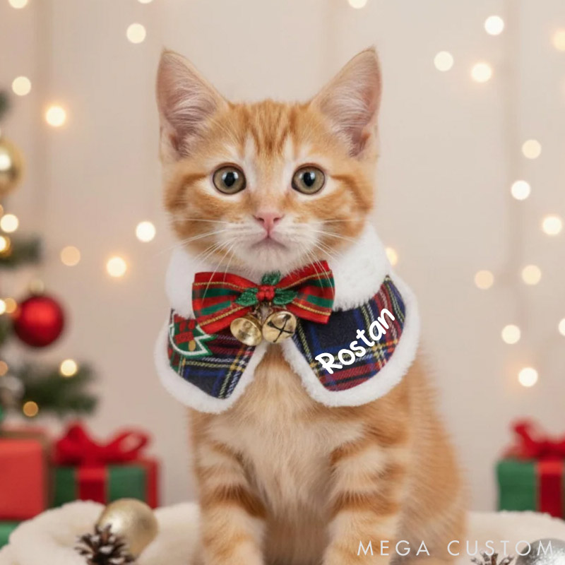 Personalized Pet Lover Plaid Dog Scarf with Faux Fur Collar Christmas Pet Cape Winter Cat Outfit