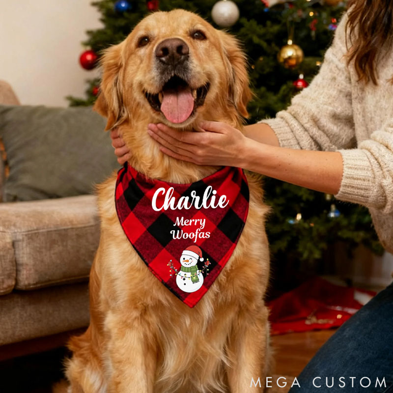 Personalized Pet Lover Santa Claus Snowman Soft Plaid Pet Bandana with Pet Name and Text