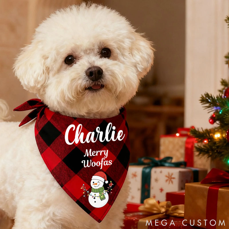Personalized Pet Lover Santa Claus Snowman Soft Plaid Pet Bandana with Pet Name and Text