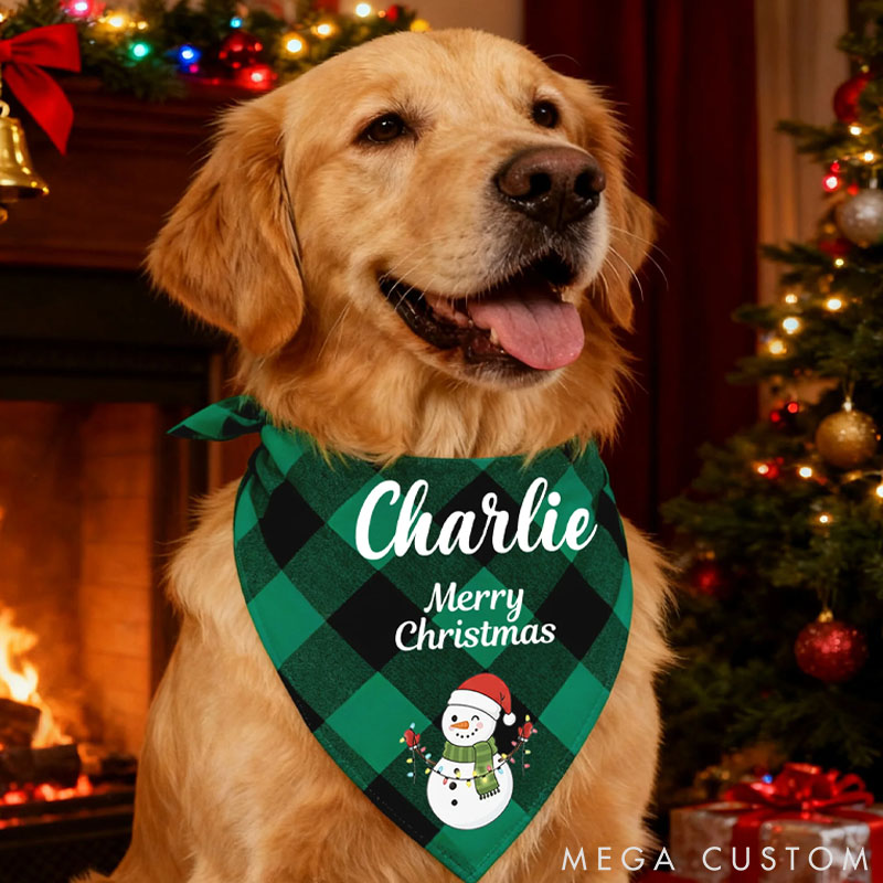 Personalized Pet Lover Santa Claus Snowman Soft Plaid Pet Bandana with Pet Name and Text