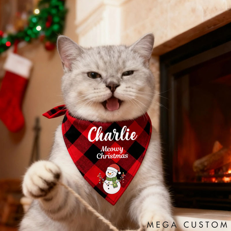 Personalized Pet Lover Santa Claus Snowman Soft Plaid Pet Bandana with Pet Name and Text