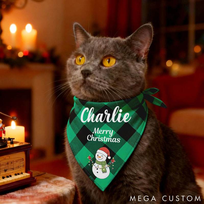 Personalized Pet Lover Santa Claus Snowman Soft Plaid Pet Bandana with Pet Name and Text